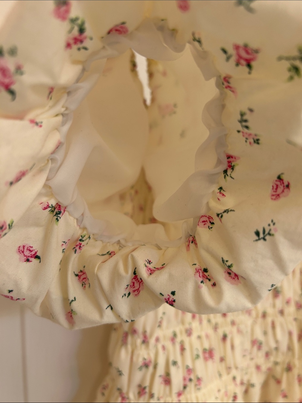 Passport Cotton Blend Cream Puff-Sleeve Smocked Peplum Top with Pink Floral - Picture 6 of 6